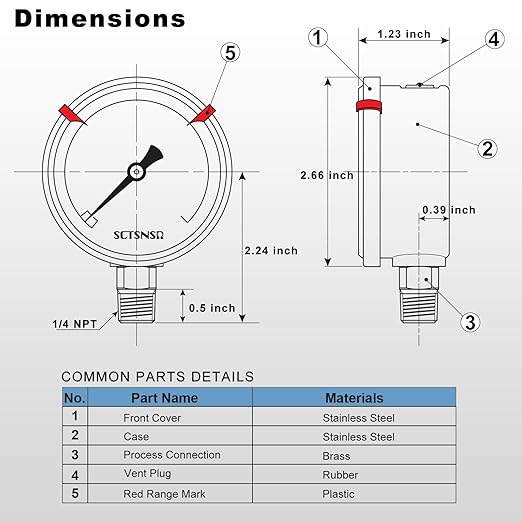 0 to 200 Psi Pressure Gauge, Glycerin Liquid Filled, 2.5 inch Dial, 1/4" NPT Lower Mount, Stainless Steel Case, for Air Compressor, Shock, Water System, Well Pump, Tank, Pipe, Pressure Test