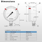 -30 inHg to 0 Vacuum Pressure Gauge, Glycerin Liquid Filled, 2.5 inch Dial, 1/4" NPT Lower Mount, Stainless Steel Case, for Air Conditioning Line, Tank, Air Pump, HVAC, Pipe, Pressure Test