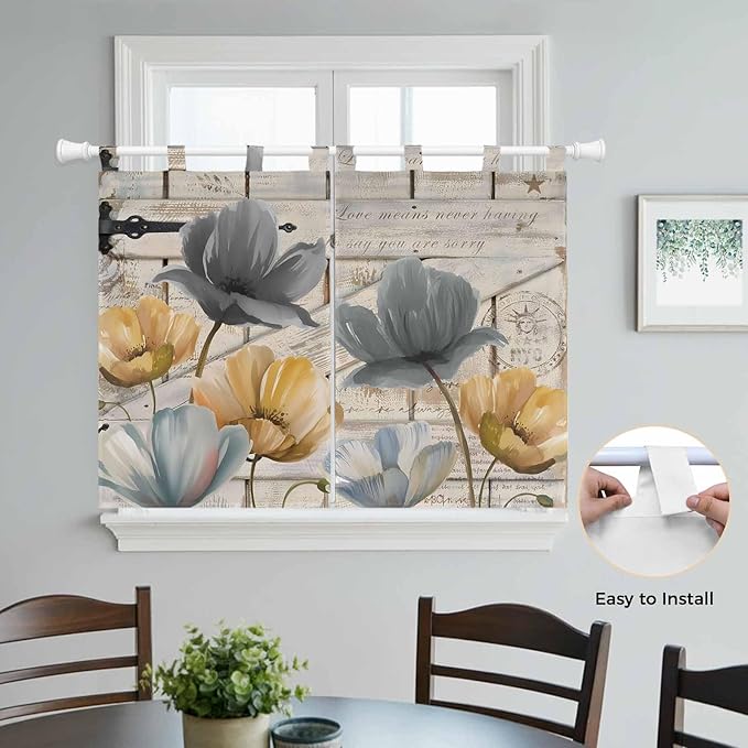 Spring Tulips Flower Bedroom Curtains 63 Inch Length, Window Curtains Tab Top, Vintage Floral Barn Doors Rustic Beige Light Filtering Window Treatments Drapes 42"x63" 2 Panel