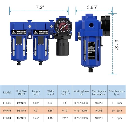 3/8" NPT Air Dryer System,Air Compressor Filter Dryer,5 and 5 Micron Filter Cartridge,Semi-Auto Drain, Metal Bracket-Blue
