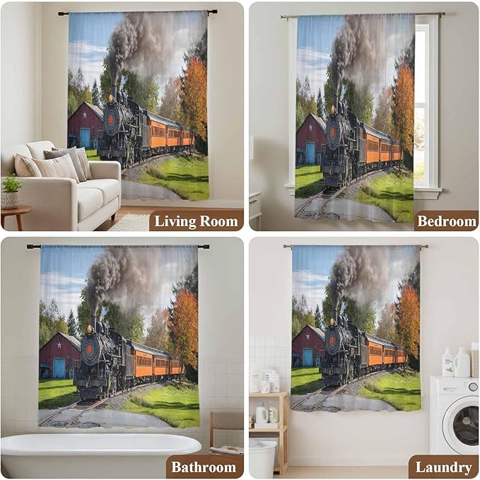 Steam Train Sheer Curtains 72 Inch Length Railroad Country Barn Rustic Trees Farmhouse Chiffon Curtain for Bedroom Living Room Light Filtering Rod Pocket Window Treatments Voile Curtains Drapes