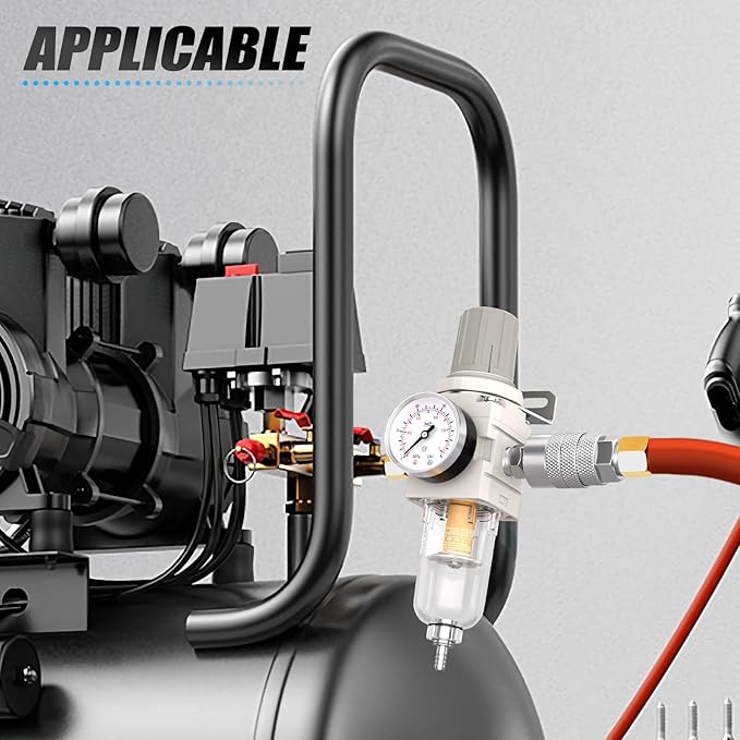 1/4" NPT Air Drying System, 5 Micron Air Line Filter with 150 PSI Gauge and Valve Shut Off Switch for Plasma Cutter and Paint Spray, Manual Drain