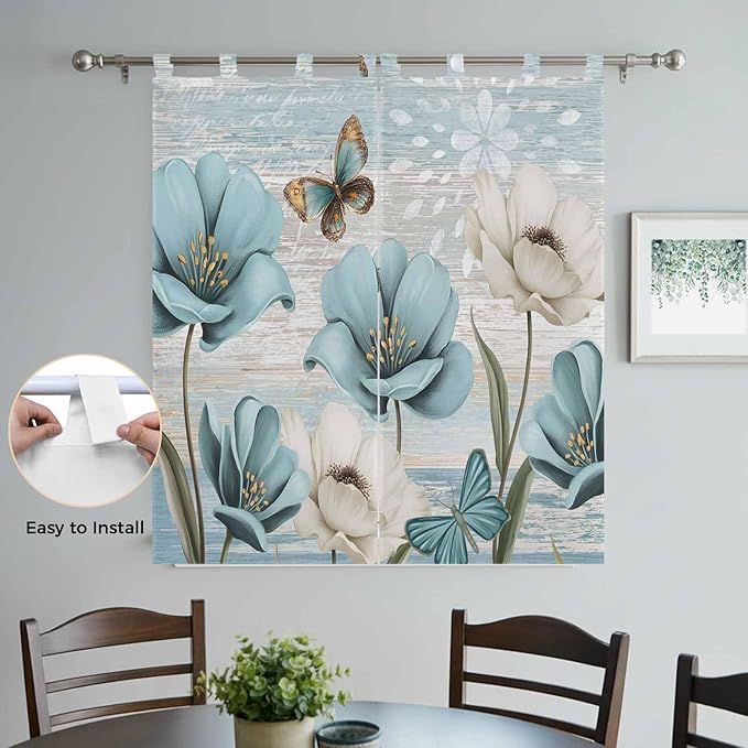 Spring Floral Living Room Curtains 84 Inch Length, Window Curtains Tab Top, Vintage Tulips Flower Butterfly Retro Wood Blue Light Filtering Window Treatments Drapes 42"x84" 2 Panel