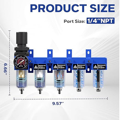 1/4'' NPT 5 Stage Air Drying System,Air Compressor Dryer System,5 &0.5 &0.01 Micron Filter Cartridge,Double Desiccant Dryers & Air Regulator,Metal Bowl, Semi-Auto Drain,Industrial Grade-Blue