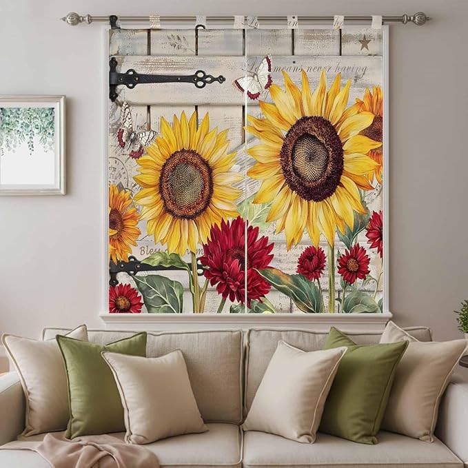 Red Yellow Sunflowers Bathroom Curtains 63 Inch Length, Window Curtains Tab Top, Retro Rustic Barn Doors Butterfly Brown Light Filtering Window Treatments Drapes 52"x63" 2 Panel