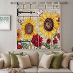 Red Yellow Sunflowers Living Room Curtains 84 Inch Length, Window Curtains Tab Top, Retro Rustic Barn Doors Butterfly Brown Light Filtering Window Treatments Drapes 42"x84" 2 Panel