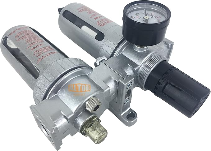 1/2" NPT Mid Flow Compressed Air In Line Filter Regulator Lubricator Oiler Combo Piggyback, Poly Bowl And Metal Body, 5 Micron Element, Adjustable From 7 to 145 PSI (MANUAL DRAIN)