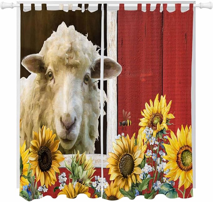 Sheep Flowers Living Room Curtains 96 Inch Length, Window Curtains Tab Top, Country Red Barn Botanical Sunflowers Light Filtering Window Treatments Drapes 52"x96" 2 Panel