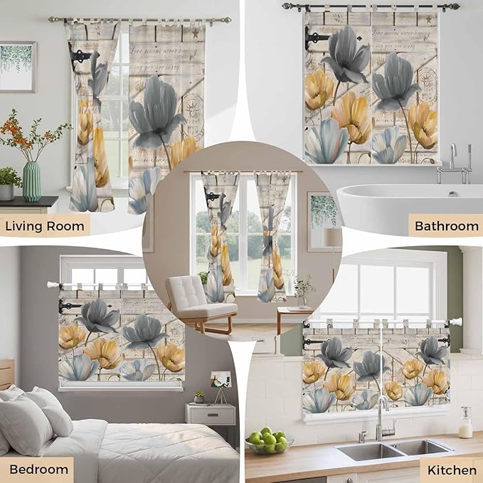 Spring Tulips Flower Bedroom Curtains 63 Inch Length, Window Curtains Tab Top, Vintage Floral Barn Doors Rustic Beige Light Filtering Window Treatments Drapes 42"x63" 2 Panel