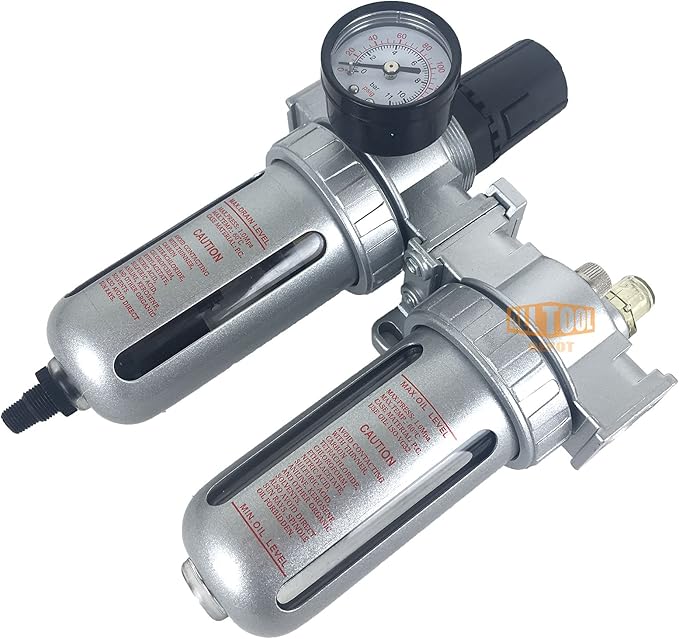 1/4" NPT Mid Flow Compressed Air In Line Filter Regulator Lubricator Oiler Combo Piggyback, Poly Bowl And Metal Body, 5 Micron Element, Adjustable From 7 to 145 PSI (AUTO DRAIN)