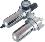 3/8" NPT Mid Flow Compressed Air In Line Filter Regulator Combo Piggyback, Poly Bowl And Metal Body, 5 Micron Element, Adjustable From 7 to 145 PSI (AUTO DRAIN)
