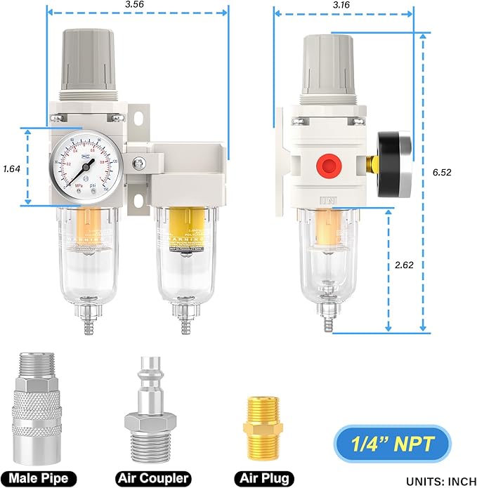 1/4" NPT Air Drying System, Double Air Filters with 150 PSI Gauge and Valve Shut Off Switch for Plasma Cutter and Paint Spray, Manual Drain