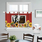 Cows Sunflowers Kitchen Curtains 36 Inch Length, Small Window Curtains Tab Top, Spring Botanical Floral Bees Red Barn Light Filtering Short Window Treatments Tier Drapes 27.5"x36" 2 Panel