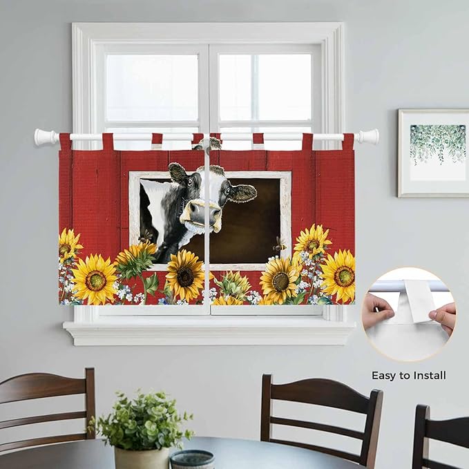 Cows Sunflowers Kitchen Curtains 36 Inch Length, Small Window Curtains Tab Top, Spring Botanical Floral Bees Red Barn Light Filtering Short Window Treatments Tier Drapes 27.5"x36" 2 Panel