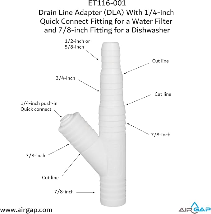 Drain Line Adapter (DLA) With 1/4-inch Quick Connect Fitting for a Water Filter and 7/8-inch Fitting for a Dishwasher (ET116-001, D-25QC, DLA-D)