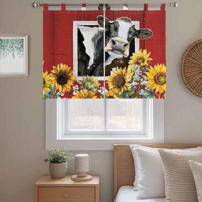 Cows Sunflowers Kitchen Curtains 45 Inch Length, Short Cafe Window Curtains Tab Top, Spring Botanical Floral Bees Red Barn Light Filtering Window Treatments Tier Drapes 27.5"x45" 2 Panel