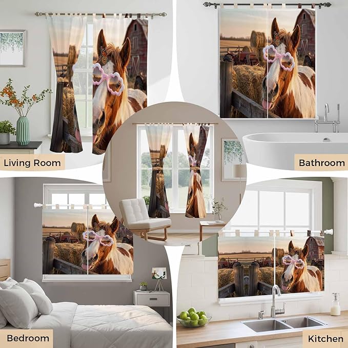 Farm Horses Living Room Curtains 84 Inch Length, Window Curtains Tab Top, Farmhouse Barn Funny Animals Butterfly Light Filtering Window Treatments Drapes 52"x84" 2 Panel