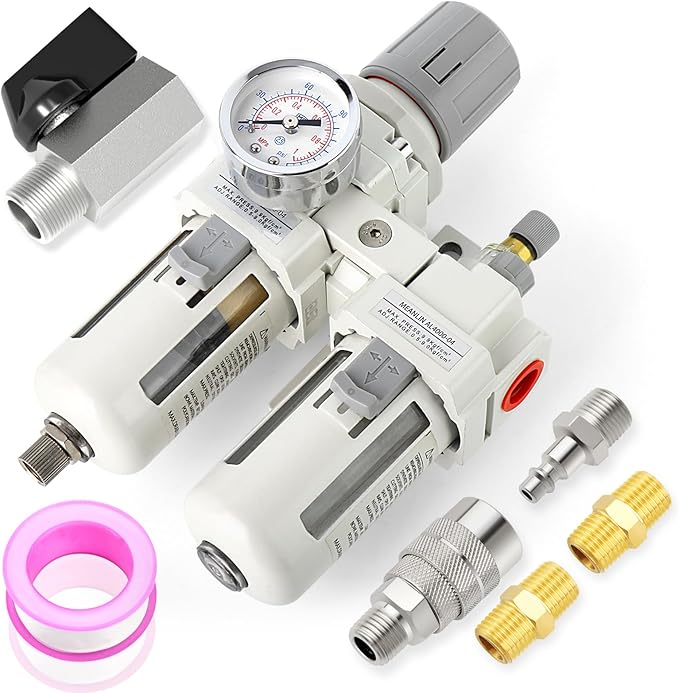 MEANLIN Air Compressor Moisture Filter, AC4010 Air Line Filter, 1/2" NPT Inlet with 150 PSI Gauge and Valve Shut Off Switch for Air Tools and Spray Paint Gun