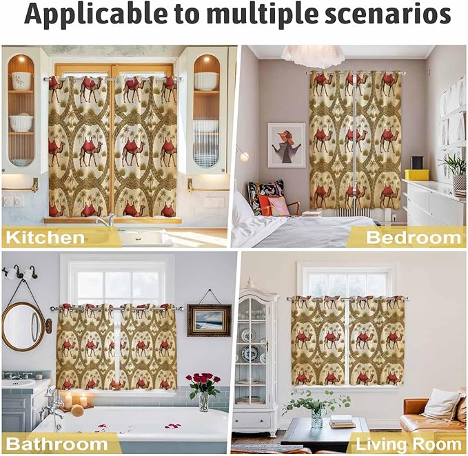2 Panel Kitchen Cafe Curtains, Brown Desert Camels Sunlight Filtering Nature Air Through, Home Decor Window Covering Tier Curtains for Bedroom Living Room Tropical Date Coconut Trees Cords Leaves