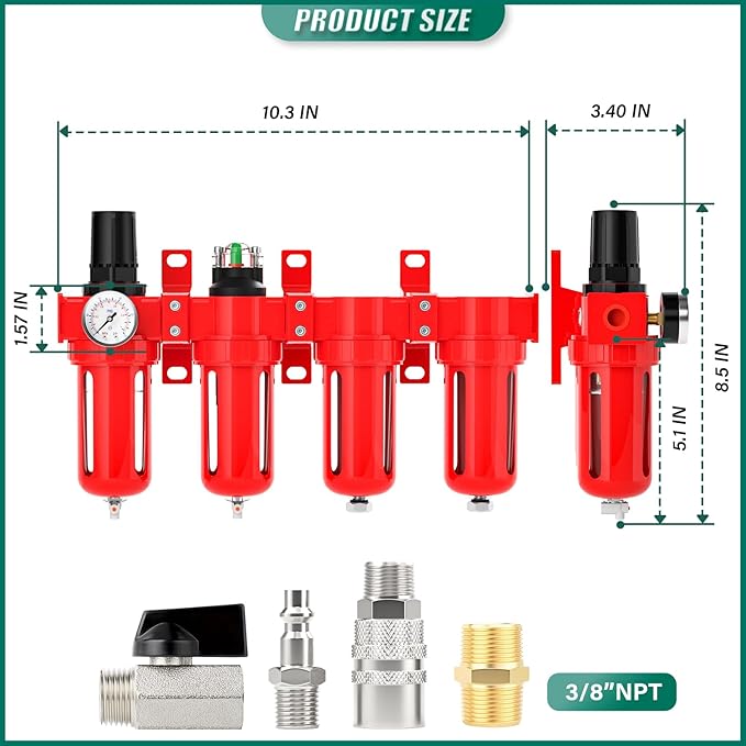 Industrial Grade 4-Stage Aluminum Air Drying System, 3/8 Inch NPT, 0-150 PSI, Double Desiccant Dryer, air Regulator, Particulate Filter and Coalescing Filter (Manual Drainage)