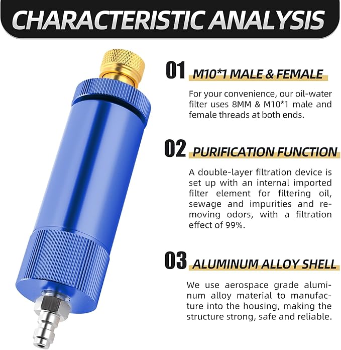 MEANLIN MEASURE 30Mpa Water-Oil Separator With 20 inch Spring Flexible Hose and 8MM & M10 Fast Connecting Internal Thread Mother Head For High Pressure Air Compressor Pump Blue
