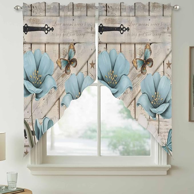 Teal Blue Tulips Swag Valances for Windows, Spring Floral Barn Doors Vintage Wood Beige Rod Pocket Kitchen Curtains Valance, Small Window Curtains Swag for Cafe Living Room, 2 Panels, 36x36 inch