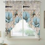 Teal Blue Tulips Swag Valances for Windows, Spring Floral Barn Doors Vintage Wood Beige Rod Pocket Kitchen Curtains Valance, Small Window Curtains Swag for Cafe Living Room, 2 Panels, 36x36 inch