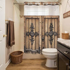 Wood Barn Door No Hook Shower Curtain with Snap in Liner Set, Waterproof Shower Curtains for Bathroom, Wooden Plank Fabric Shower Curtain, See Through Mesh Top Window, 48" W x 72" L