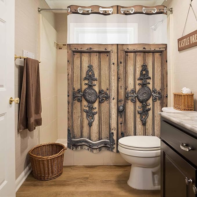 Wood Barn Door No Hook Shower Curtain with Snap in Liner Set, Waterproof Shower Curtains for Bathroom, Wooden Plank Fabric Shower Curtain, See Through Mesh Top Window, 60" W x 72" L