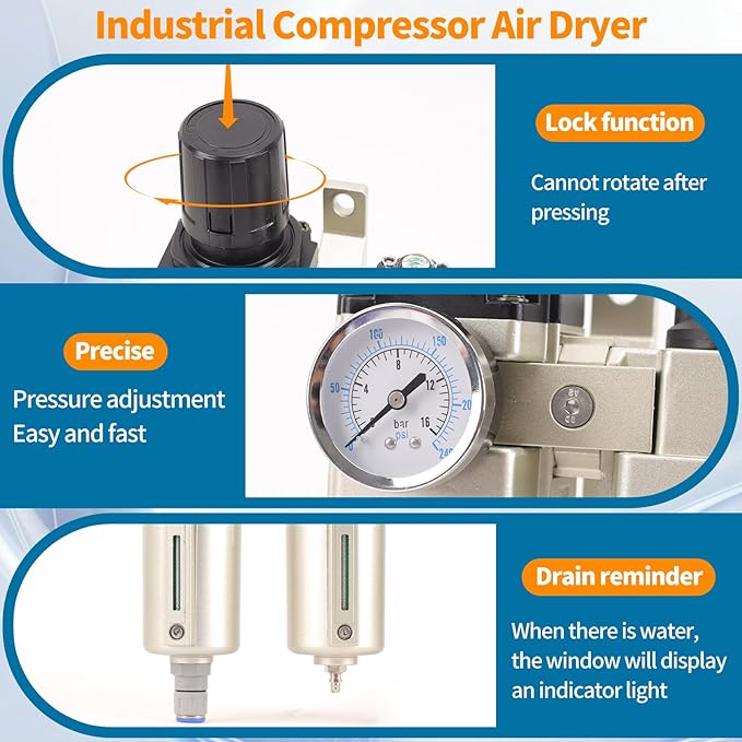 3/4" NPT Industrial Grade 3 Stage Air Compressor Drying System, 0-240 PSI, Particulate & Coalescing Filters, Auto Drain Air Compressor Water Separator System Filter Oil for Paint Spray＆ Plasma Cutter