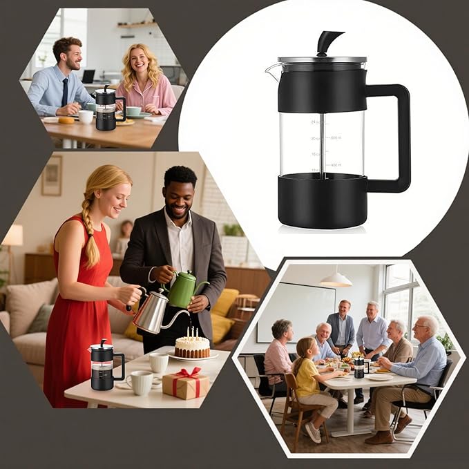 Pressed Coffee Maker 1 Liter – Portable Coffee Press System, Heat Resistant Glass Carafe, Stainless Steel Plunger Filter Mechanism, Smooth Extraction Control, Easy Grip Handle Design | Camping