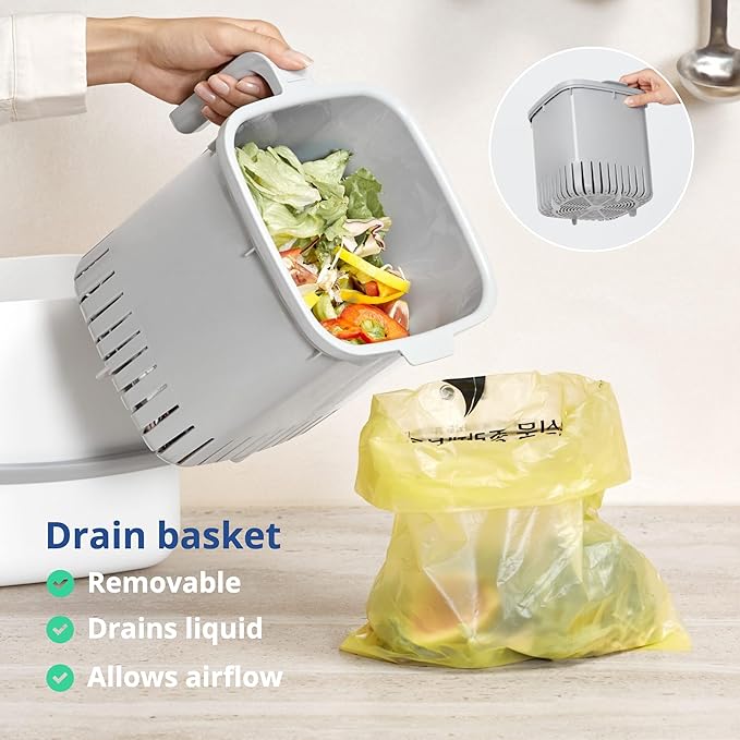 Blue Ginkgo Kitchen Compost Bin [5L / 1.32 GAL] – Filter-Free, Odor-Tight Countertop Food Waste Pail with Handles (Made in Korea, Green)