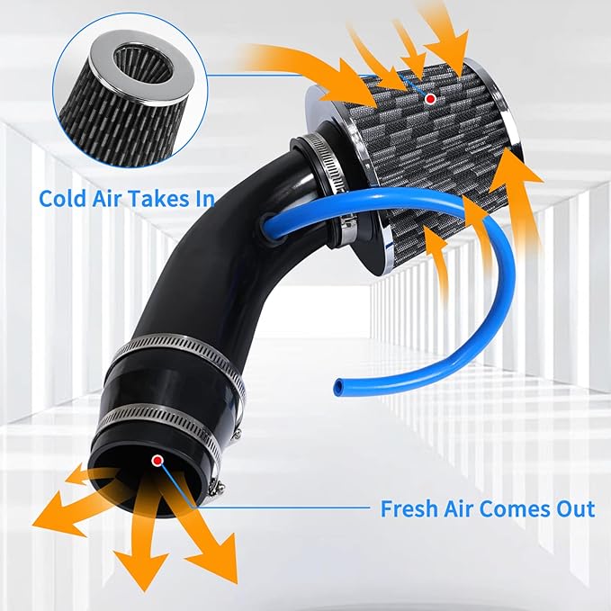3 Inch Universal Cold Air Intake Filter Kit with Stainless Steel Filter and Aluminum Alloy Pipe, Automotive Air Filter High Induction Flow (Black)