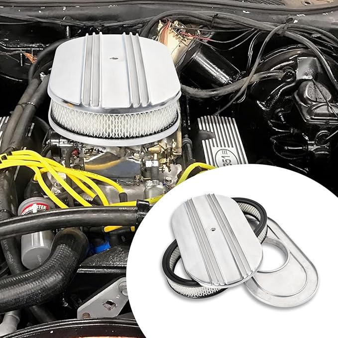 15" Polished Aluminum Air Cleaner Assembly Kit Alloy Oval Partial Half Finned with Element