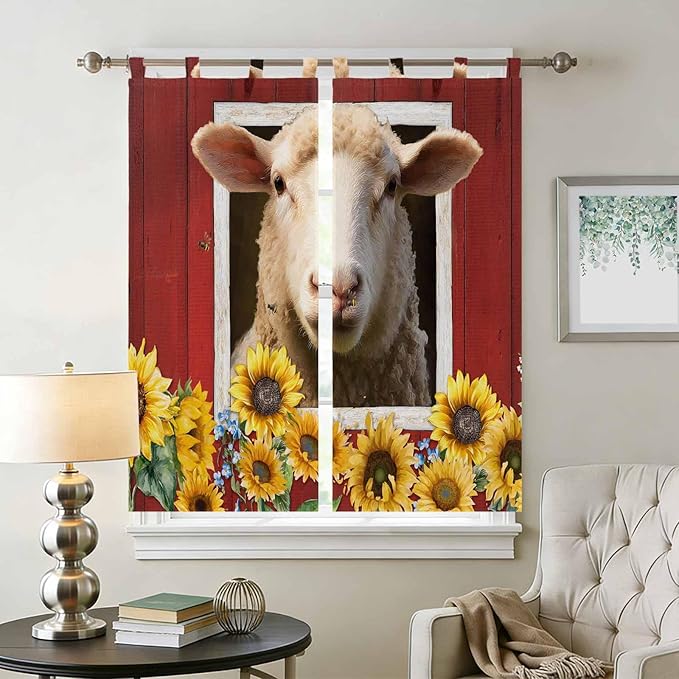 Sheep Sunflower Bedroom Curtains 72 Inch Length, Window Curtains Tab Top, Country Red Farm Barn Spring Flowers Light Filtering Window Treatments Drapes 52"x72" 2 Panel
