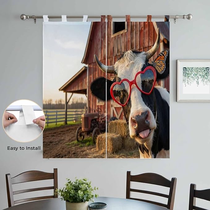 Farm Cows Living Room Curtains 84 Inch Length, Window Curtains Tab Top, Farmhouse Barn Funny Animals Butterfly Light Filtering Window Treatments Drapes 42"x84" 2 Panel