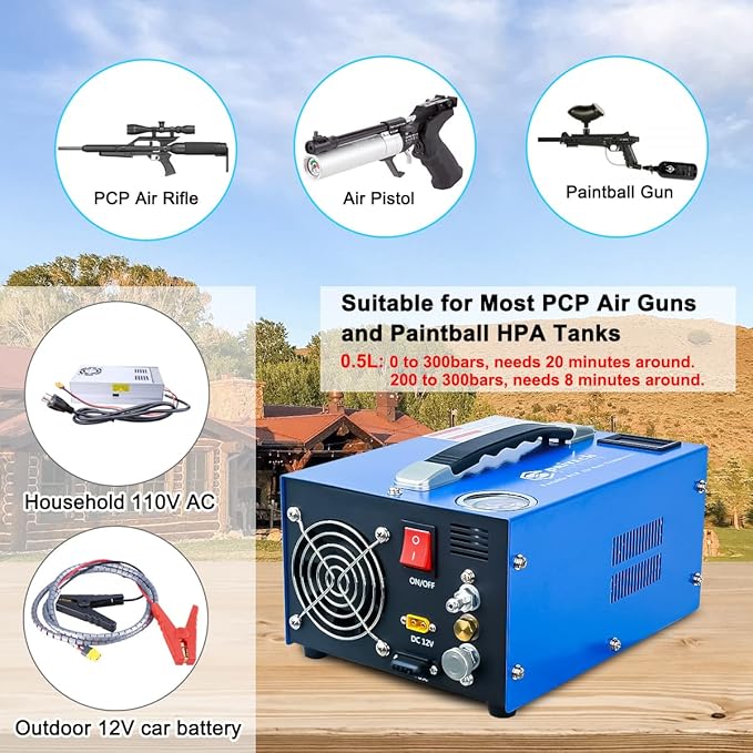 PCP Air Compressor, Portable 4500Psi/30Mpa, Water/Oil-Free, PCP Rifle/Pistol and Paintball Tank Air Pump, Powered by 12V Car DC or Home 110V AC with Power Converter and Oil-Moisture Filter