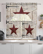 Village Stars Swag Kitchen Curtains Valance and Tier Set, Vintage Dark Red Star Beige Barn Doors Light-Filtering Swag Valance 36 Inch Length, Rod Pocket Short Curtain for Bedroom Cafe