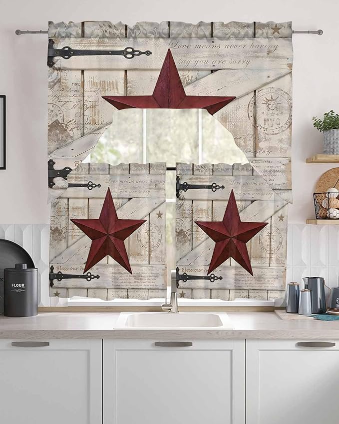 Village Stars Swag Kitchen Curtains Valance and Tier Set, Vintage Dark Red Star Beige Barn Doors Light-Filtering Swag Valance 36 Inch Length, Rod Pocket Short Curtain for Bedroom Cafe