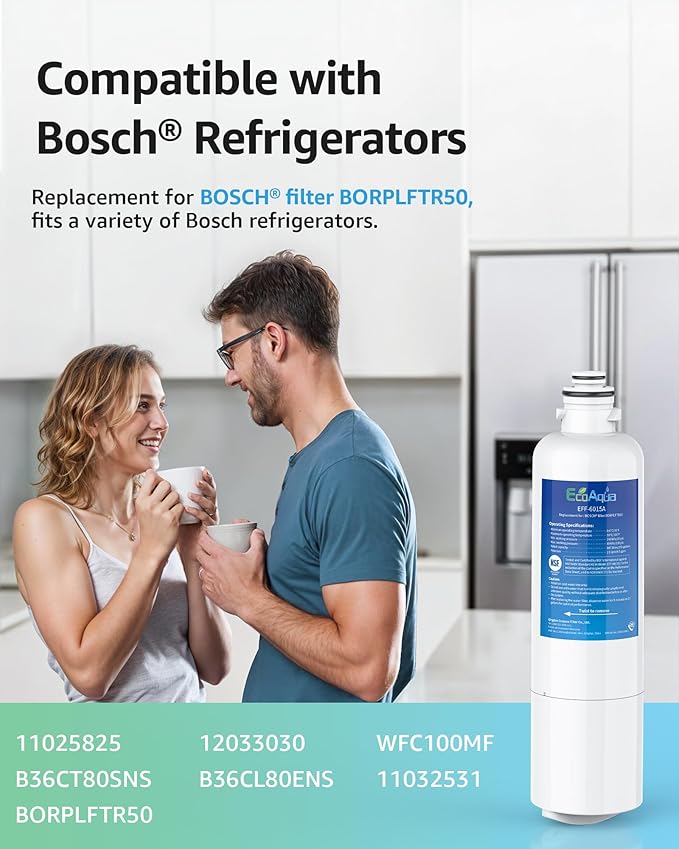 EcoAqua 11032531 Replacement for Bosch® Ultra Clarity® Pro BORPLFTR50, 12033030, 11025825, BORPLFTR55, B36CD50SNS, B36CT80SNS, B36CL80ENS, B36FD50SNS, WFC100MF, Refrigerator Water Filter, 1 Filter