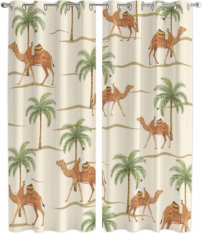 2 Panel Kitchen Cafe Curtains, Date Coconut Tree Sunlight Filtering Nature Air Through, Home Decor Window Covering Tier Curtains for Living Room 104W x 90L inch Desert Camels Botanical Tropical Beige