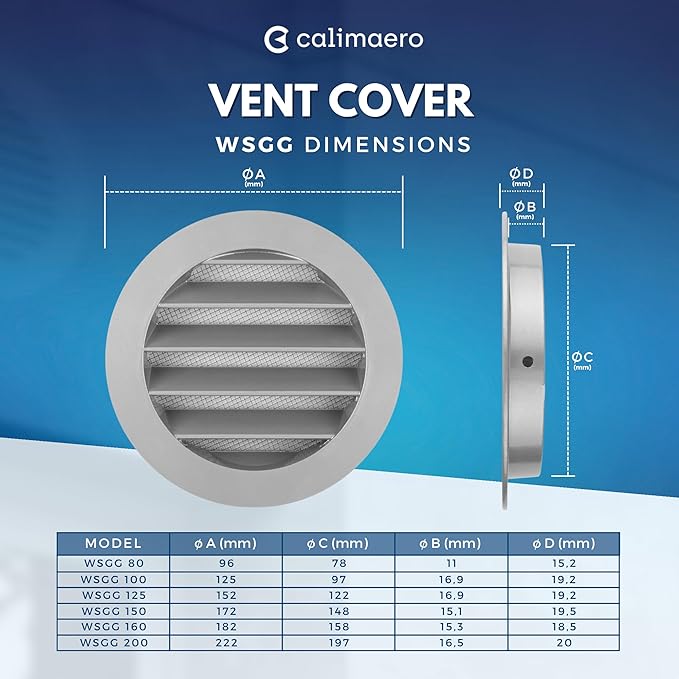 calimaero® WSGG 3" Inch Gray Round Metal Air Vent Grill Cover Flat Louver with Fly Screen Fits Only with Metal Ducts