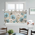 Teal Blue Tulips Kitchen Curtains 24 Inch Length, Small Window Curtains Tab Top, Spring Floral Barn Doors Vintage Wood Beige Light Filtering Short Window Treatments Tier Drapes 27.5"x24" 2 Panel