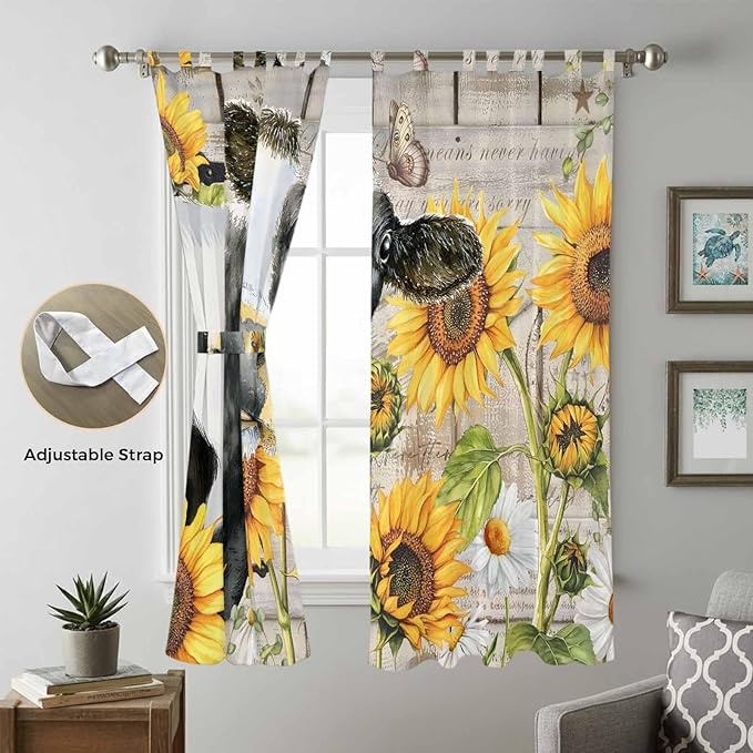 Yellow Sunflowers Living Room Curtains 96 Inch Length, Window Curtains Tab Top, Farmhouse Cow Barn Doors Floral Butterfly Light Filtering Window Treatments Drapes 52"x96" 2 Panel