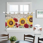 Red Yellow Sunflowers Kitchen Curtains 24 Inch Length, Small Window Curtains Tab Top, Retro Rustic Barn Doors Butterfly Brown Light Filtering Short Window Treatments Tier Drapes 27.5"x24" 2 Panel