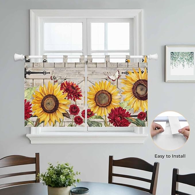 Red Yellow Sunflowers Kitchen Curtains 24 Inch Length, Small Window Curtains Tab Top, Retro Rustic Barn Doors Butterfly Brown Light Filtering Short Window Treatments Tier Drapes 27.5"x24" 2 Panel