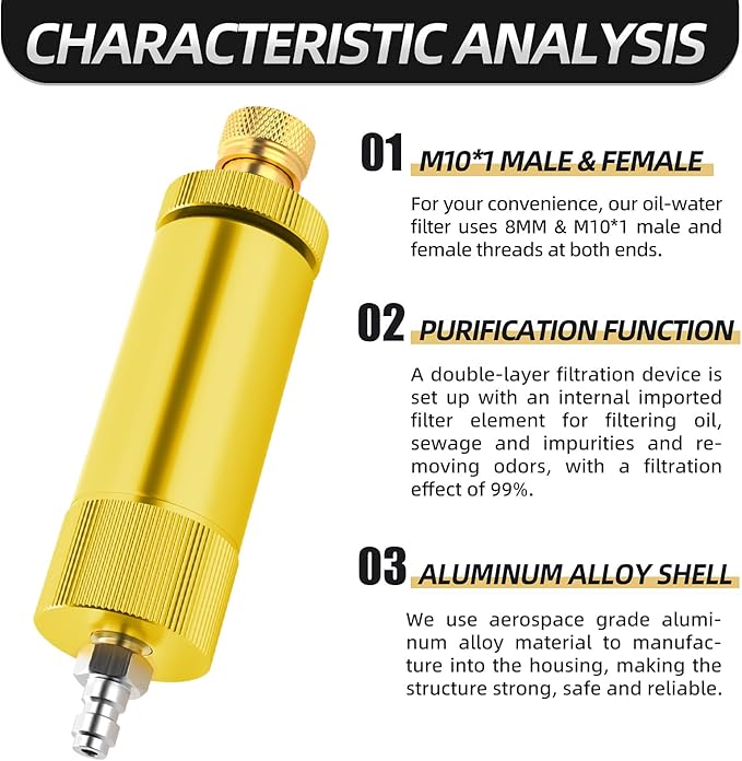MEANLIN MEASURE 30Mpa Water-Oil Separator With 20 inch Spring Flexible Hose and 8MM & M10 Fast Connecting Internal Thread Mother Head For High Pressure Air Compressor Pump Yellow
