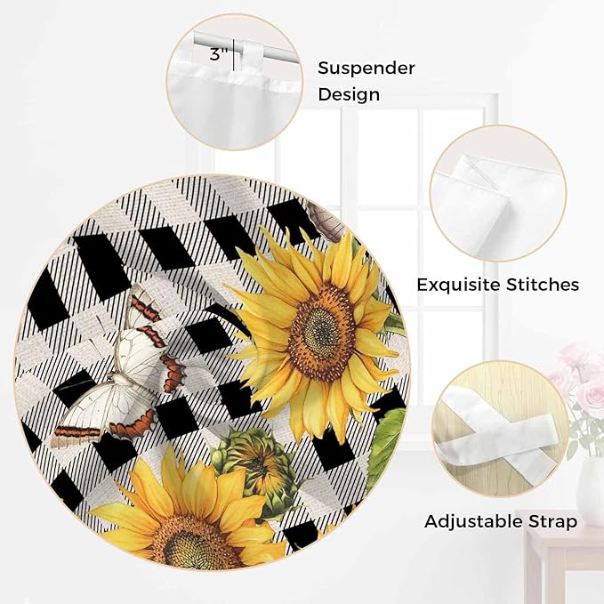 Sunflowers Bathroom Curtains 63 Inch Length, Window Curtains Tab Top, Yellow Flowers Butterfly Farmhouse Black Plaid Light Filtering Window Treatments Drapes 52"x63" 2 Panel