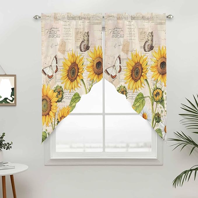 Yellow Sunflowers Swag Valances for Windows, Country Farm Butterfly Flower Light Beige Rod Pocket Kitchen Curtains Valance, Small Window Curtains Swag for Cafe Living Room, 2 Panels, 36x36 inch