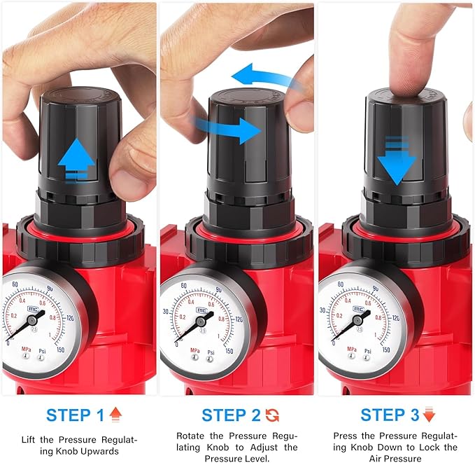 TAILONZ PNEUMATIC 0-150PSI 1/4 Inch NPT Red Industrial Grade 5 Stage Air Drying System, Particulate Filter, Coalescing Filter, Double Desiccant Dryer and Air Regulator (Manual Drainage)